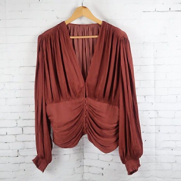 BURNT ORANGE LONG SLEEVE V NECK BLOUSE SIZE LARGE - Picture 1 of 7